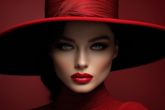 Elegant woman in wide brimmed hat with red lips makeup Retro fashion