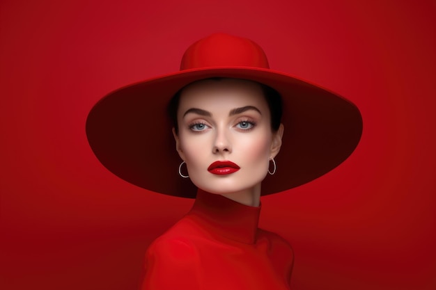 Elegant woman in wide brimmed hat with red lips makeup Retro fashion