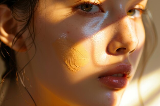 Elegant woman with foundation strokes looking at camera