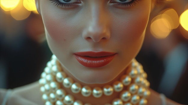 Elegant woman with pearl necklace at evening event closeup