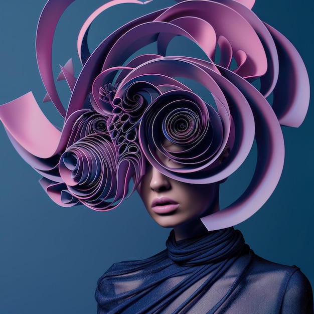 Elegant woman with purple hat decorated with paper swirls posing for fashion photo shoot