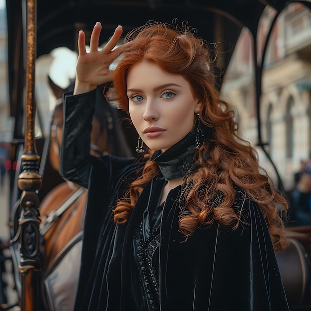 Photo elegant woman with red hair in a black velvet dress and carriage