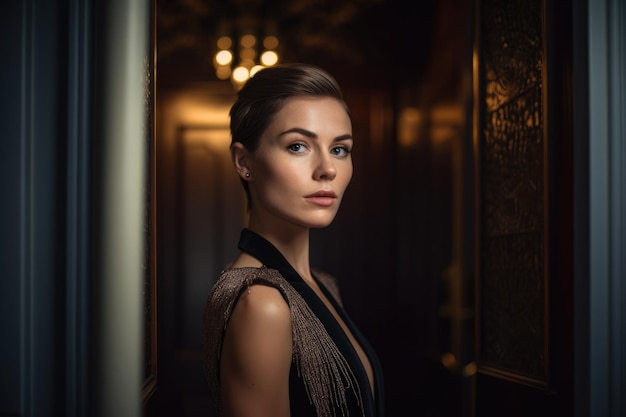 Elegant Woman with a sleek updo and a sophisticated expression posing in front of an ornate doorway