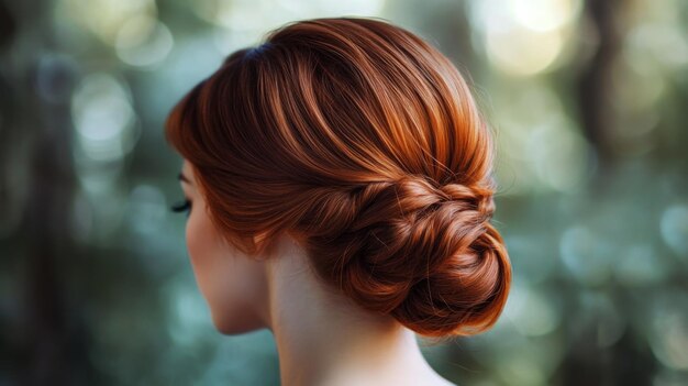 Elegant woman with a stylish updo hairstyle in a natural setting during daylight