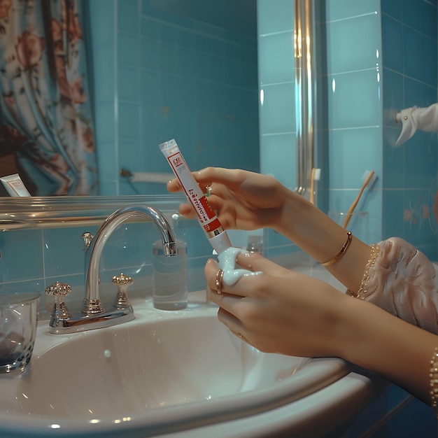 Photo elegant womans hands with toothbrush and toothpaste reflection