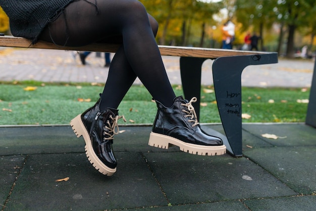 elegant women's shoes stand on the street on a board. fashion and conformal walking