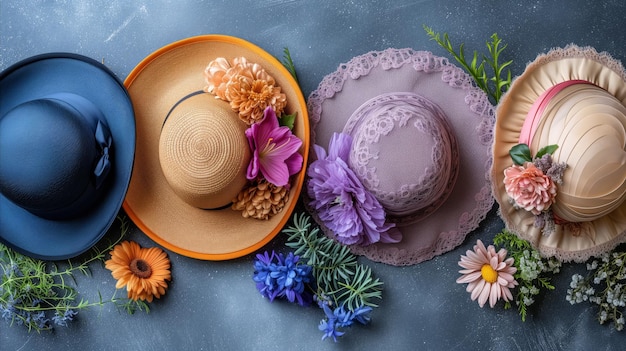 Photo elegant womens hats with flowers on textured background fashion accessories