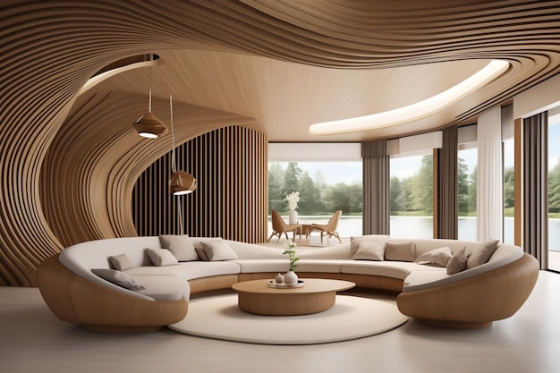 Elegant Wooden Arch Ceiling and Curved Wall in Abstract Design