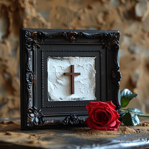 Photo elegant wooden cross and red rose on brown sand background