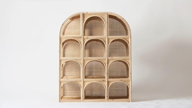 Photo elegant wooden display shelf featuring curved arches and natural rattan accents for home decoration