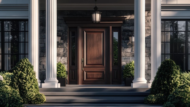 Elegant wooden front door with stone accents and lush greenery at a residential home during daylight