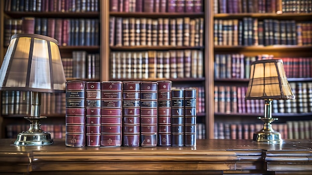 Photo elegant wooden library with classic leatherbound books and antique lamps