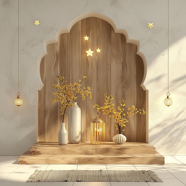 Elegant Wooden Nook with Golden Accents and Blooming Yellow Flowers