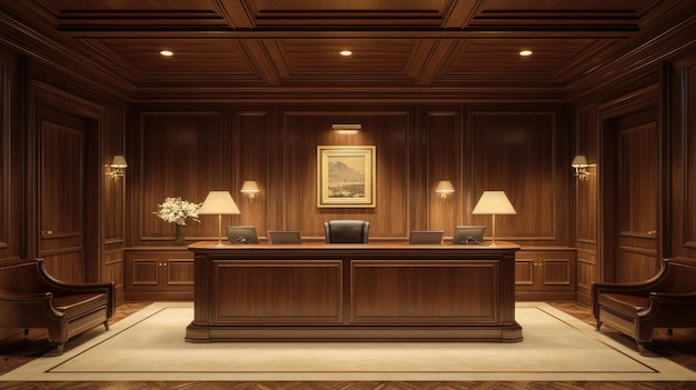 Elegant Wooden Office with Dark Brown Paneling and Desk