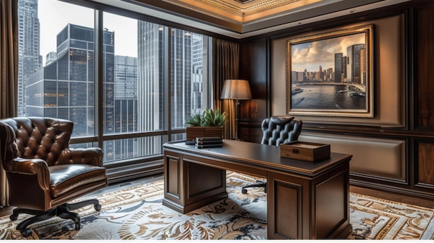 An elegant woodpaneled executive office featuring a grand view of the city skyline