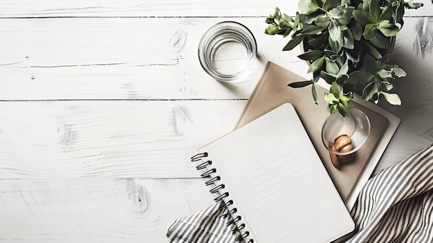 Elegant Workspace with Notebook and Glass on Desk