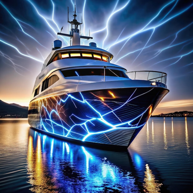 Photo elegant yacht with striking flash pattern docked at sunset by serene waters generative ai