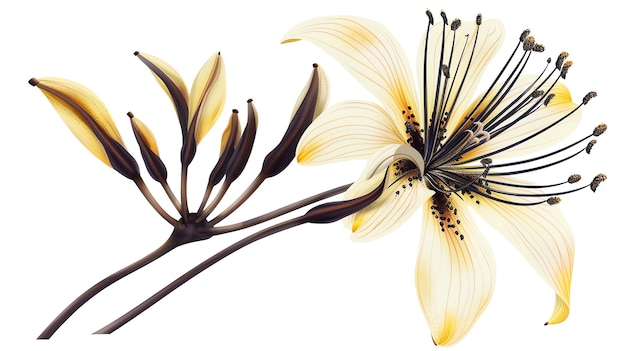 Elegant yellow lily flower with buds against white background Perfect for botanical floral