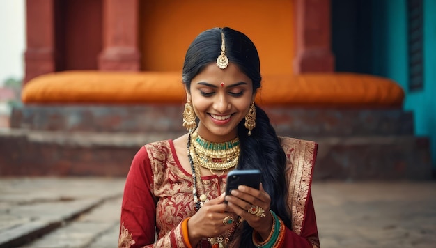 Elegant young adult Indian princess smiling while using mobile phone