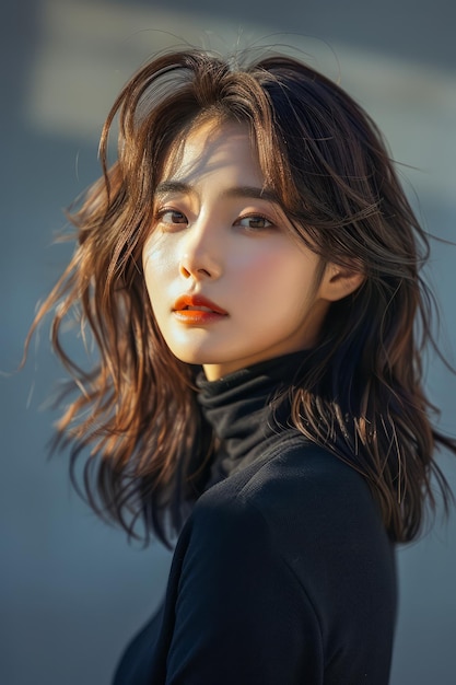 Elegant Young Asian Woman with Flowing Hair Posing in Soft Sunset Light Wearing Turtleneck