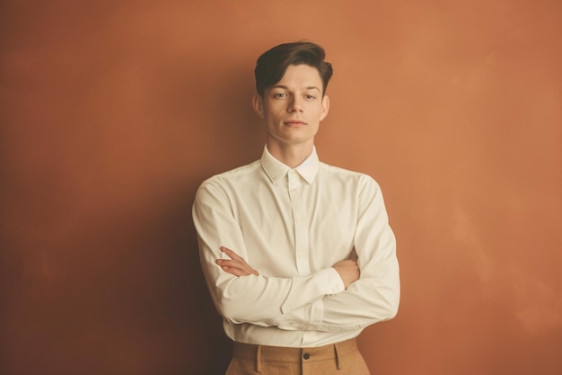 Photo elegant young man with crossed arms in a minimalist setting