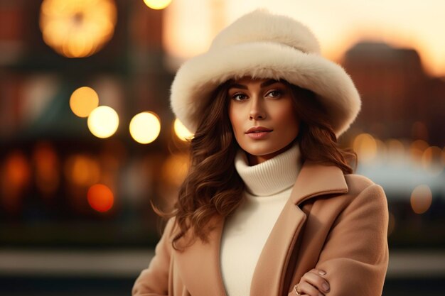 elegant young smiling woman in fashionable dress and hat