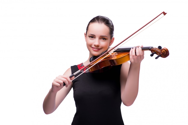 Elegant young violin player isolated on white