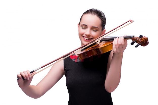 Elegant young violin player isolated on white