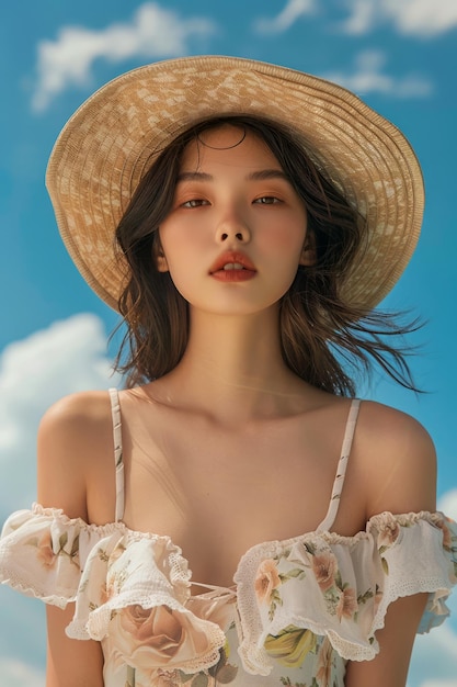 Elegant Young Woman in Floral Dress and Straw Hat Posing under Blue Sky with Clouds