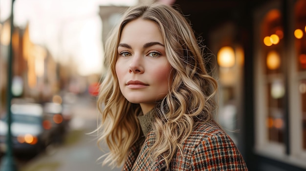 Elegant young woman in stylish coat posing on city street at dusk