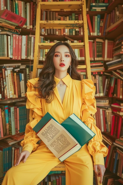 Elegant Young Woman in Stylish Yellow Suit Posing with Open Book in Vintage Library Setting