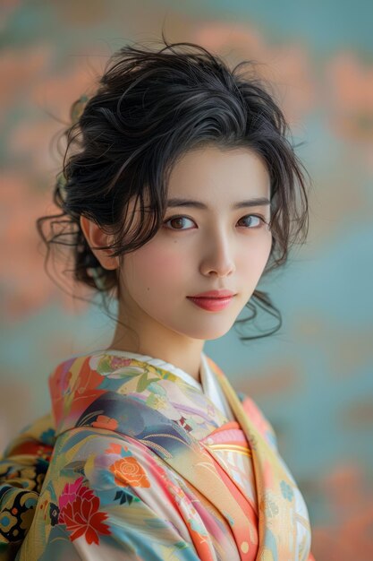 Elegant Young Woman in Traditional Japanese Kimono with Floral Design Smiling Softly Against a