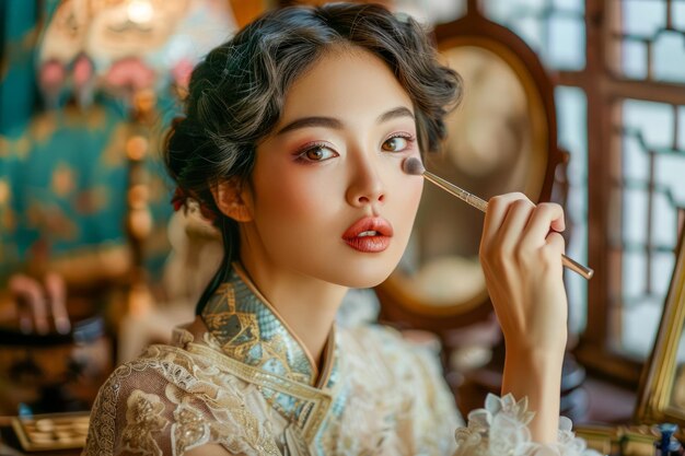 Elegant Young Woman in Vintage Attire Applying Makeup in Antique Decor Room with Natural Light