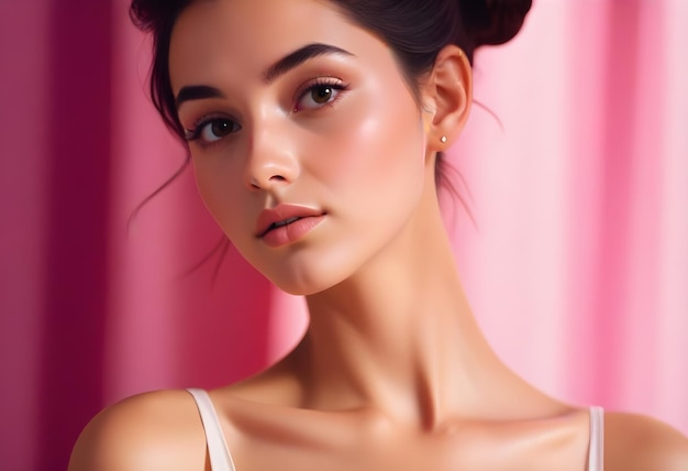 Elegant Young Woman in White Dress Against Pink Background