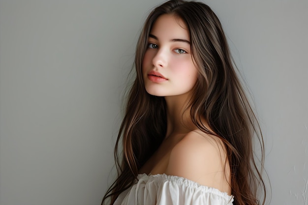 Elegant Young Woman with Long Brown Hair Posing