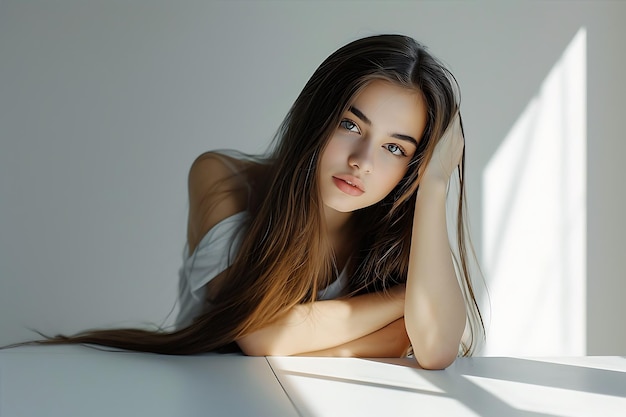 Elegant Young Woman with Long Hair Posing