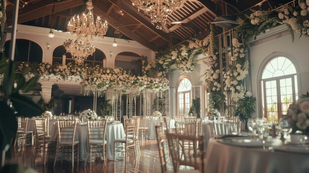 Photo an elegantly adorned event space with chandeliers floral arrangements and beautifully set tables under a high arched wooden ceiling