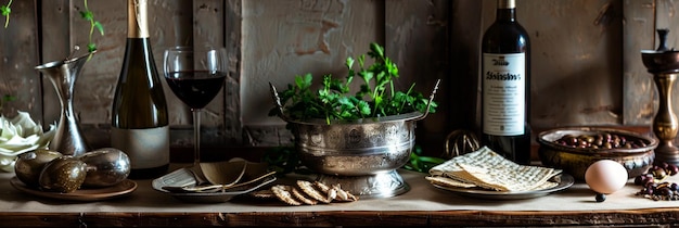 Elegantly Arranged Passover Table with Traditional Jewish Dishes in Warm Cozy Evening