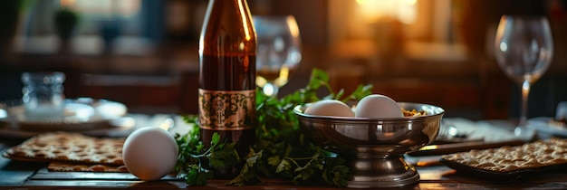 Elegantly Arranged Passover Table with Traditional Jewish Dishes in Warm Cozy Evening