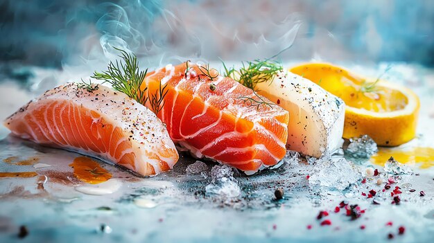 Elegantly Arranged Seafood Closeup with Juicy Fish Fillets