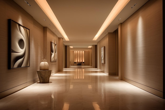 An elegantly curated sandcolored hallway with modern design warm lighting and cozy seating