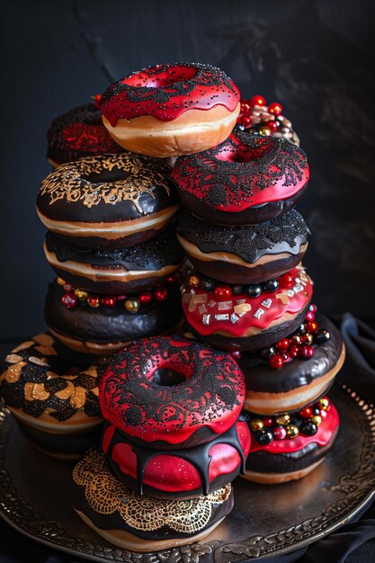 Photo elegantly decorated stack of red black and gold donuts with glaze and lace dark background