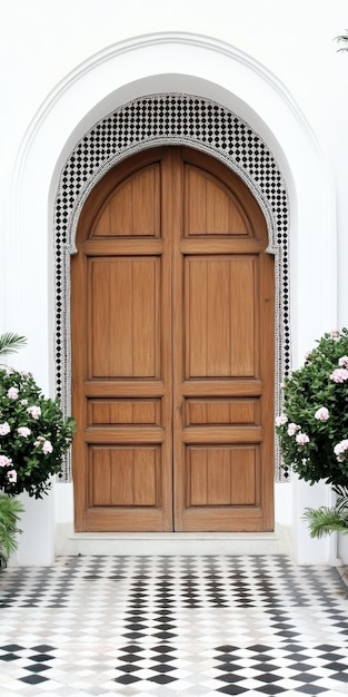 Photo elegantly designed arched wooden door with floral decor and geometric tiled pathway in a serene setting