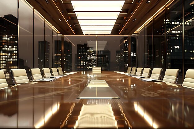 An elegantly designed conference room with a long glossy wooden table