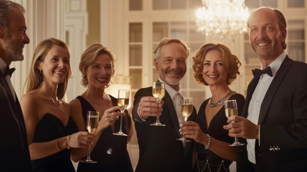 Photo elegantly dressed individuals clink champagne flutes in a festive celebration