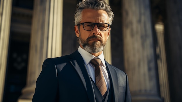 Elegantly dressed lawyer man posing in front of courthouse