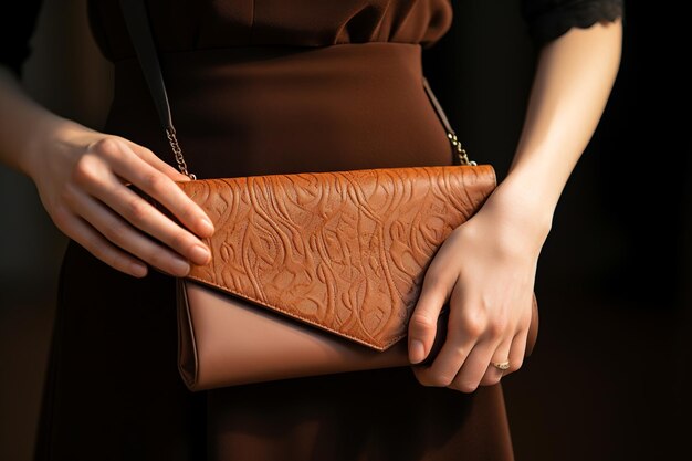 Elegantly Held Leather Clutch Purse Closeup