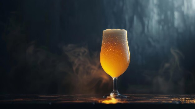 A elegantly illuminated dark beer in a stemmed glass with a frothy head sits on a reflective surface creating a mesmerizing contrast against a dark backdrop