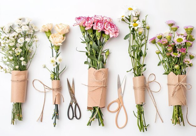 Elegantly packaged bouquets of fresh flowers with scissors on a white background ideal for special occasions and everyday beauty