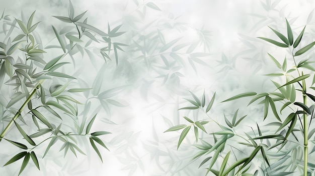 Elegantly Patterned Bamboo Leaves in Misty Light Green and White Backdrop